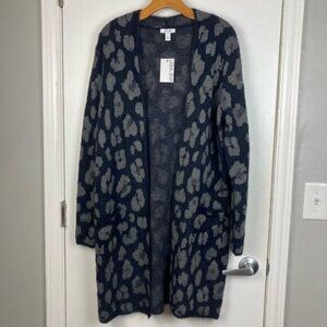 Nine West Animal Print Cardigan Coatigan Sweater Duster Black Gray Fuzzy sz L